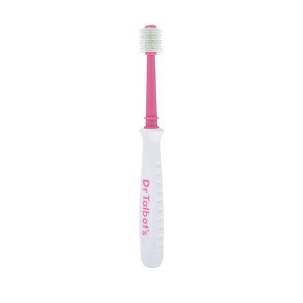 Dr. Talbot's Toddler 360° Toothbrush in pink and purple features a soft-bristled cylindrical brush head for gentle cleaning, with a child-friendly handle design.