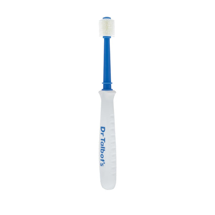 The Dr. Talbot's Toddler 360° Toothbrush | Blue & Green features a vertical, cylindrical 360° brush head with soft bristles and a ribbed handle for easy grip. "Dr. Talbot's" is printed on the handle.