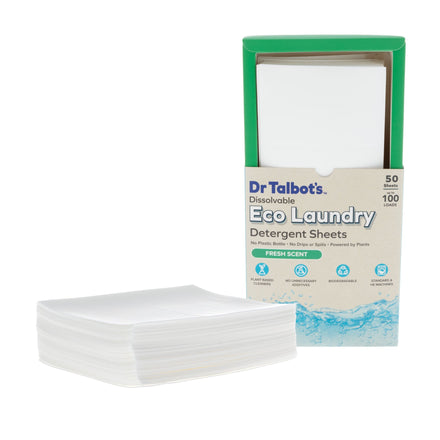Dr. Talbot’s Dissolvable Eco Laundry Detergent Sheets, Fresh Scent, come in a 50-count box for up to 100 loads. White plant-based sheets are shown stacked beside the Dr. Talbot’s packaging.