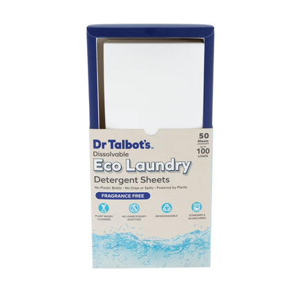 Dr. Talbot’s Dissolvable Eco Laundry Detergent Sheets, Fragrance Free (50-Count), come in blue and beige packaging—biodegradable sheets for up to 100 loads, highlighting eco-friendly cleaning.
