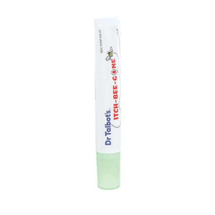 A white tube with a green cap labeled Dr. Talbot's 2 Step Itch Relief Kit, featuring a small bee illustration, designed as an itch-relief gel for insect bites.