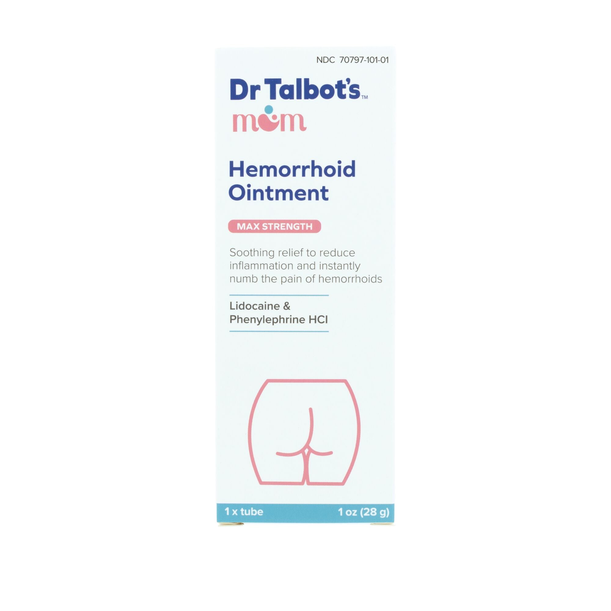 Front of Dr. Talbot’s Mom Pregnancy & Postpartum Hemorrhoid Ointment box shows product name, max strength label, active ingredients, and line art of buttocks. Blue, pink, and white design features this 1 oz lidocaine cream for pregnancy hemorrhoid relief.