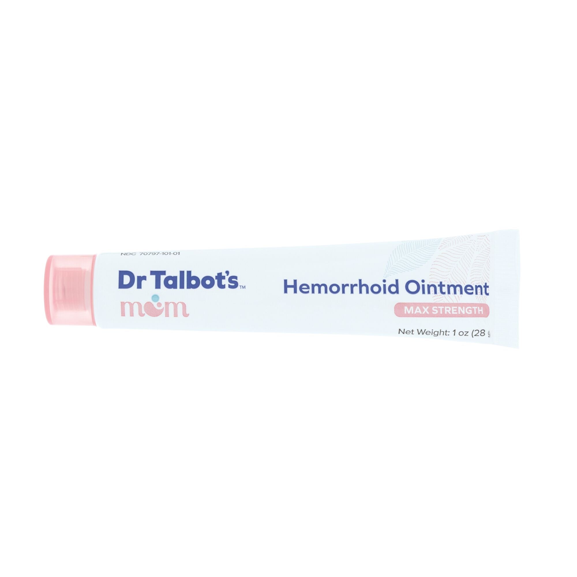 A 1 oz (28 g) tube of Dr. Talbot’s Mom Pregnancy & Postpartum Hemorrhoid Ointment with a pink cap and blue-pink label, designed for pregnancy hemorrhoid relief.