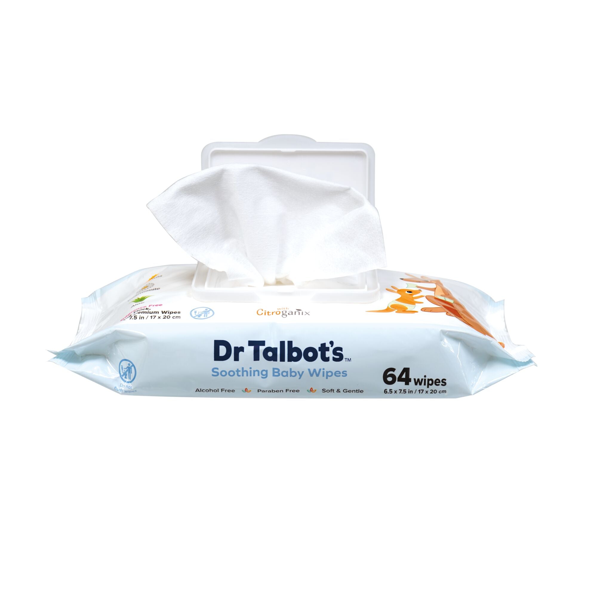 A package of Dr. Talbot’s Soothing Ultra Premium Baby Wipes (8 Packs - 512 Count) with a partially pulled-out wipe. The label highlights that the wipes are alcohol-free, paraben-free, and soft & gentle.