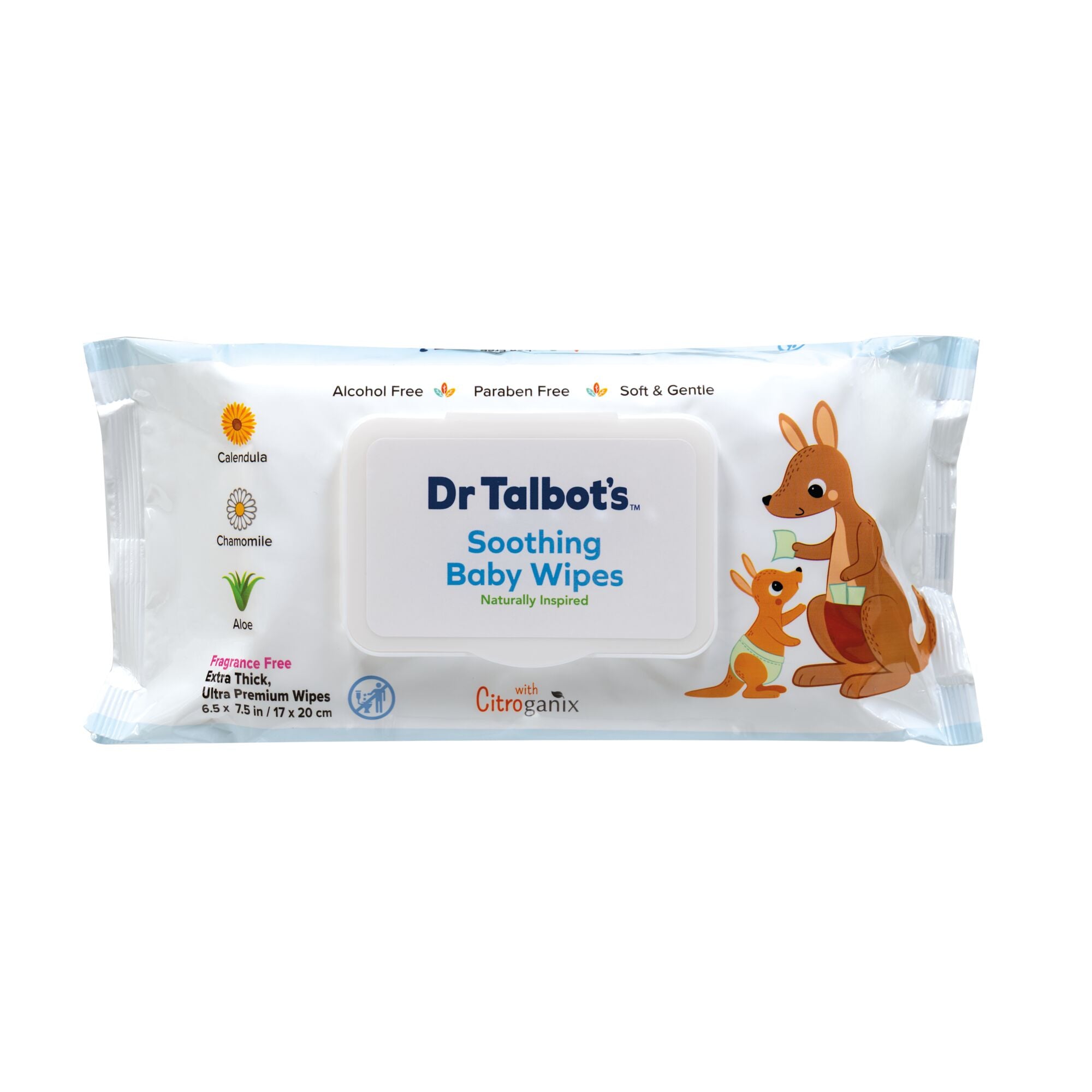 A white package of Dr. Talbot’s Soothing Ultra Premium Baby Wipes (8 Packs - 512 Count) displays a kangaroo and joey illustration, product details, and icons emphasizing naturally inspired ingredients that are alcohol-free, paraben-free, and gentle on baby’s skin.