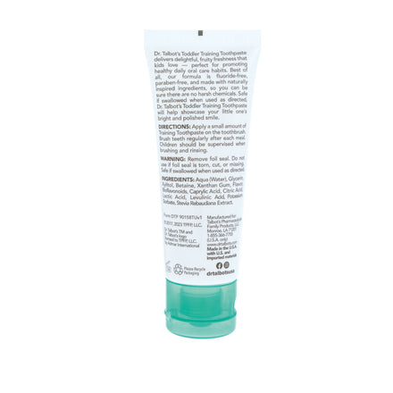 Back view of Dr. Talbot's Toddler Toothpaste (1 Pack) tube with a green cap, showing directions, warnings, ingredients, and manufacturer info on a white background. Fluoride-free and safe if swallowed.