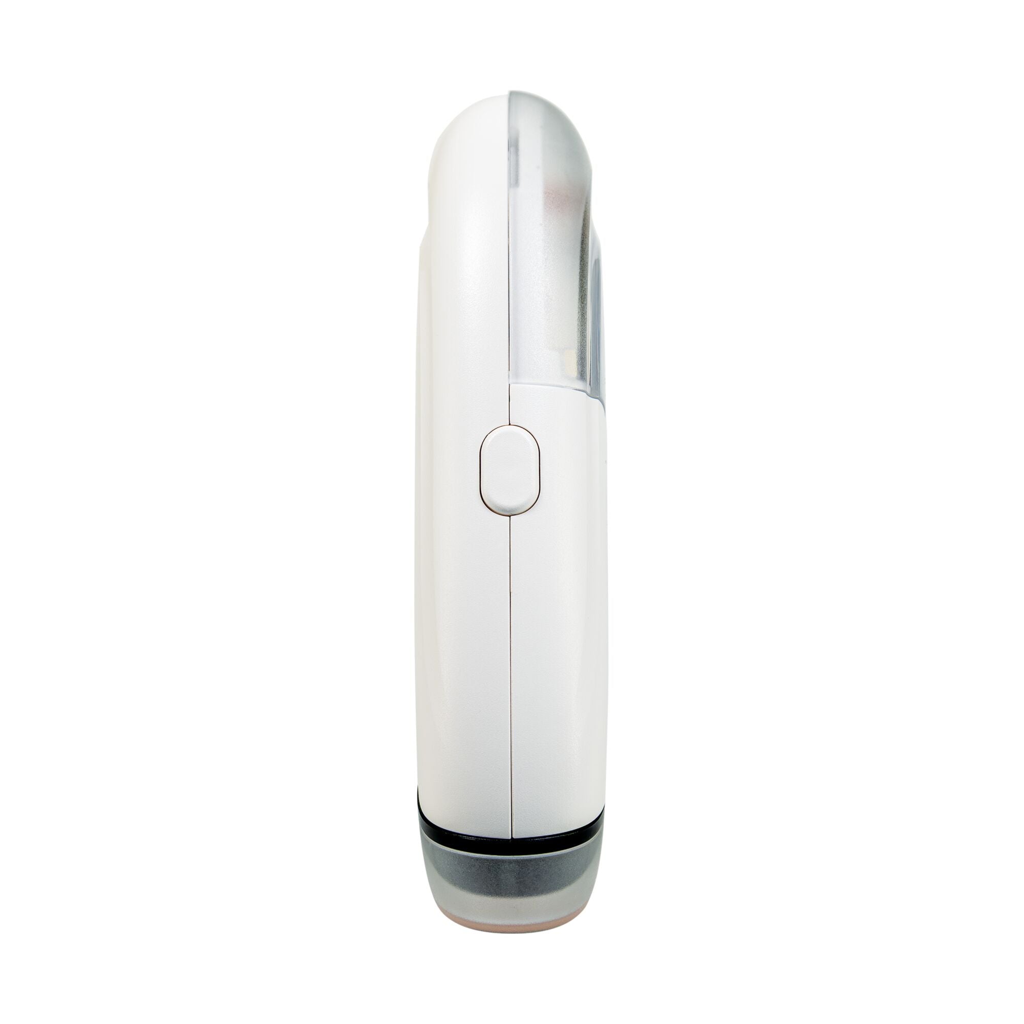 Side view of a white, portable Dr. Talbot’s Portable Nail Trimmer with a power button, clear plastic top, and interchangeable nail trimmer heads.