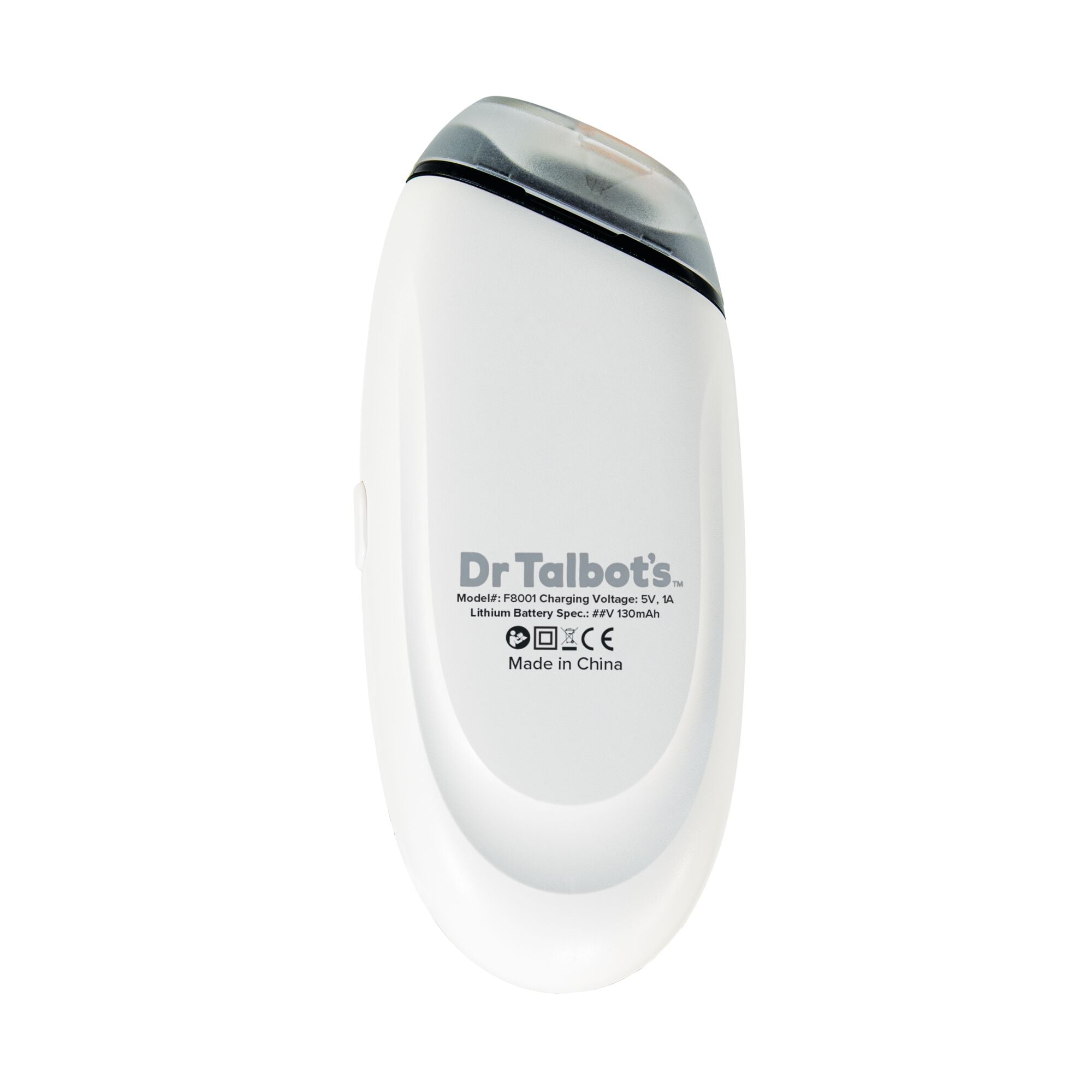 White Dr. Talbot’s Portable Nail Trimmer with a translucent top cap and technical specifications printed on the front.
