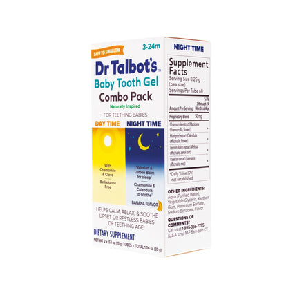 Dr. Talbot’s Baby Tooth Gel Combo Pack for ages 3-24 months includes Day Time and Night Time formulas, with supplement facts and ingredients listed on the side. The naturally inspired formula helps provide teething relief.