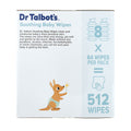 A box of Dr. Talbot’s Soothing Ultra Premium Baby Wipes, featuring a cartoon kangaroo in a diaper holding a flower, contains 8 packs with 64 wipes per pack for a total of 512 wipes. Made with naturally inspired ingredients, these wipes are gentle on baby’s skin.
