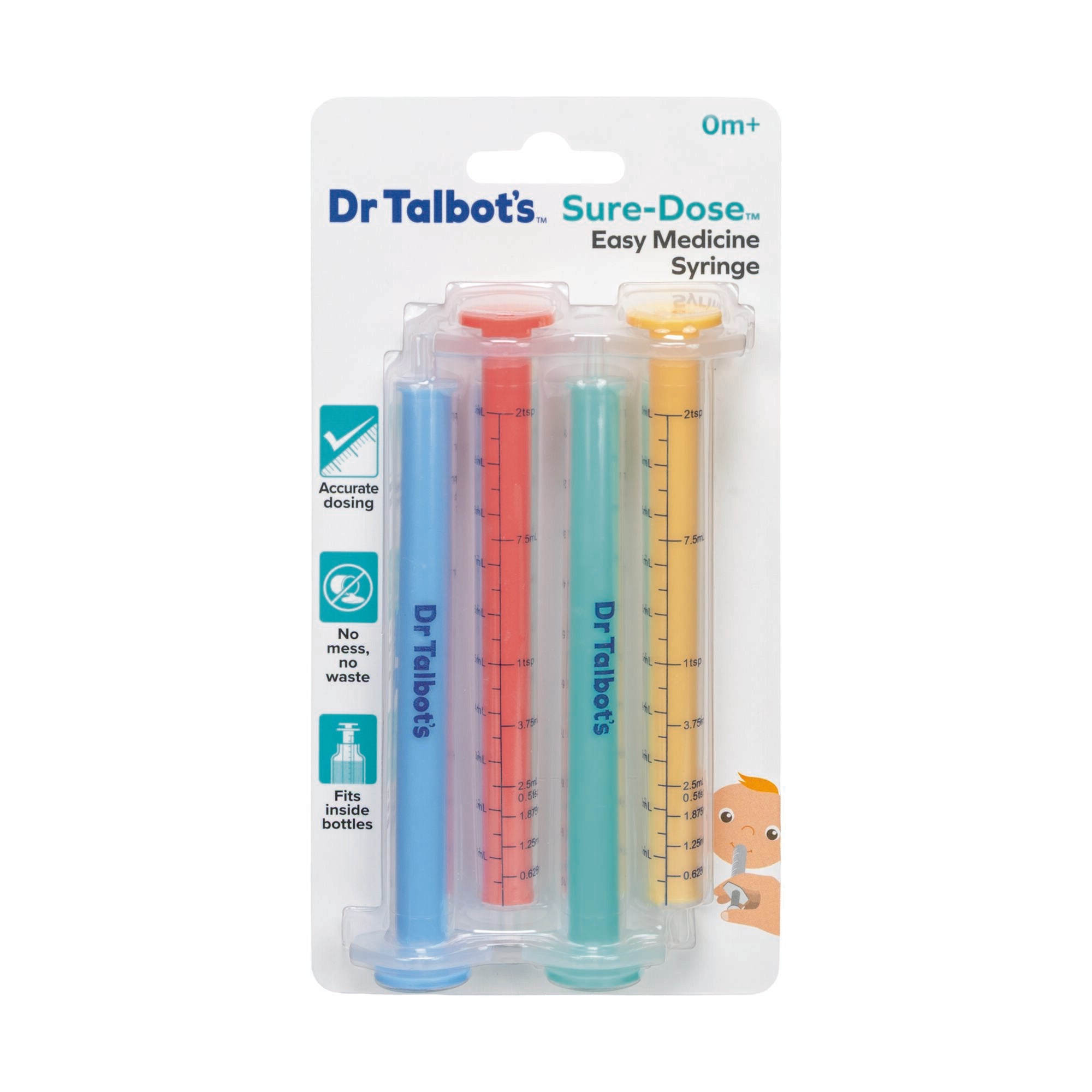 Four colorful Dr. Talbot’s Sure-Dose™ Medicine Syringes are packaged for infants, featuring a design that ensures accurate dosing, no mess, and easy fit inside bottles.