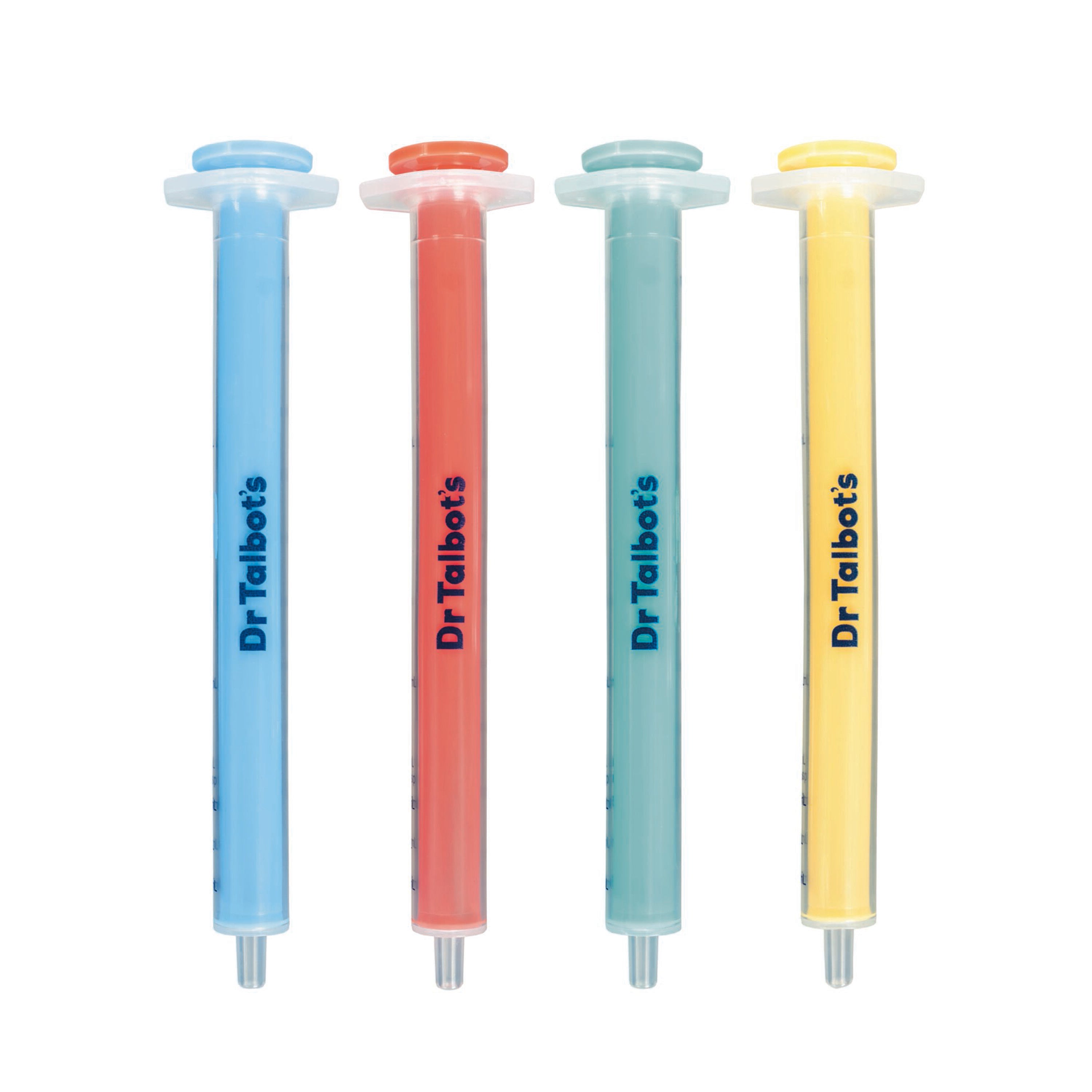 Four Dr. Talbot’s Sure-Dose™ Medicine Syringes, ideal for use as a baby dosage syringe or medicine dispenser, in blue, red, green, and yellow stand upright in a row on a white background.