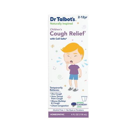 A box of Dr. Talbot’s Cough Relief for ages 2-12 shows a child coughing and promotes this natural syrup as a safe solution for dry cough, sore throat, mucus buildup, and chest congestion.