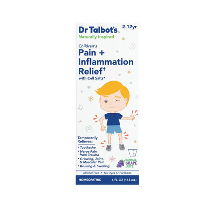 Dr. Talbot’s Pain + Inflammation Relief for ages 2-12, featuring an image of a sad child with red marks on one knee and hand, offers temporary relief from pain and inflammation.