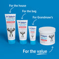 Four Dr. Talbot’s Maximum Strength Diaper Rash Ointment 2 oz tubes with zinc oxide—labeled home, bag, grandma’s, and value—are arranged on a blue background, each featuring a cartoon strongman.