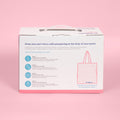 Dr. Talbot's Mom Postpartum Recovery Kit: a white and pink box with perineal care instructions, icons for pads, bottles, soothing foam, and a pink patterned tote—vaginal birth essentials in one complete package.