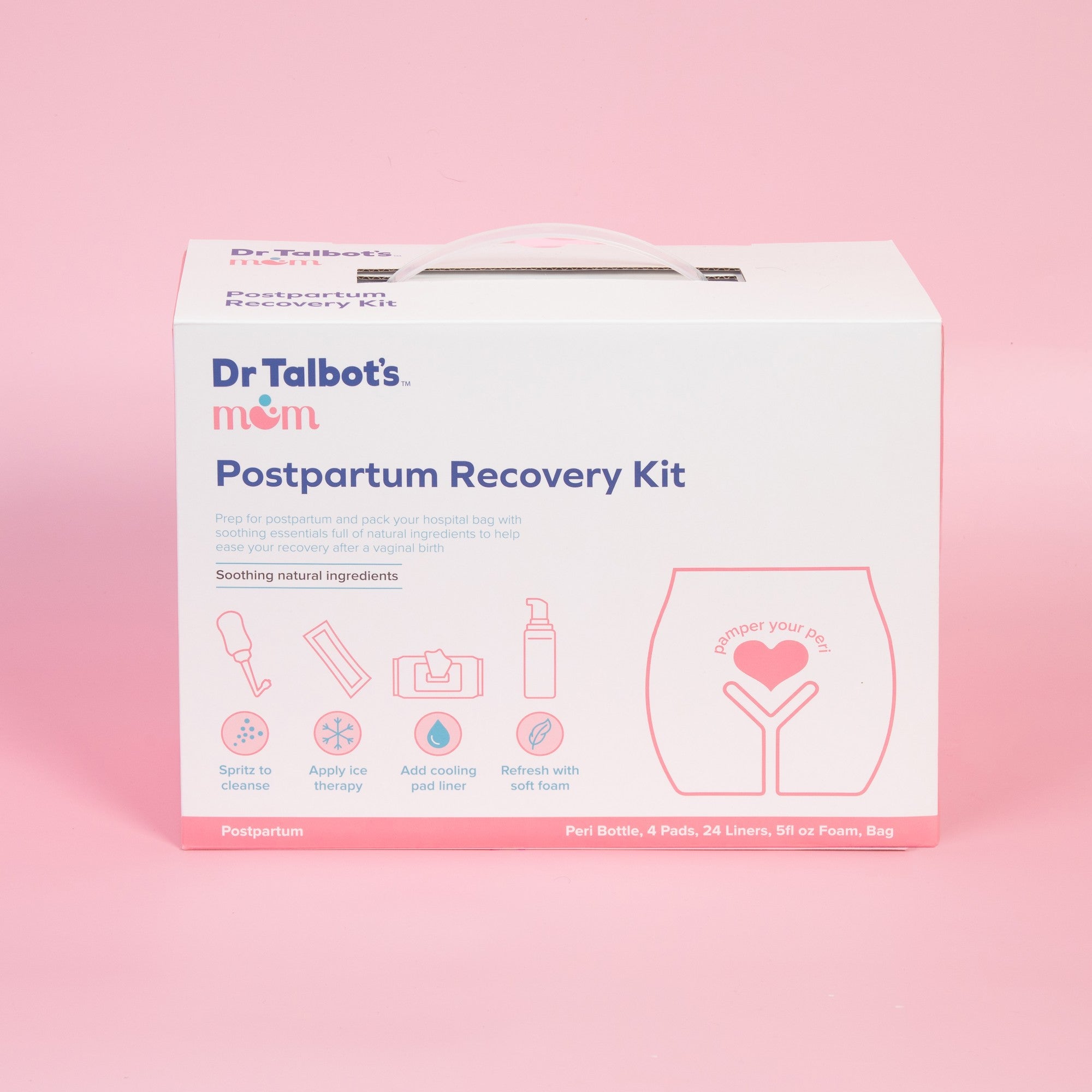 A white Dr. Talbot's Mom Postpartum Recovery Kit box sits on a pink background, displaying illustrations and text highlighting included essentials like a peri bottle, pads, liners, and foam for perineal care.