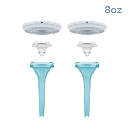 Two sets of white lids, clear connectors, and blue funnel-shaped tubes from Dr. Talbot’s Squeezy Silicone Bottle Venting System Replacement (2 Pack) are arranged vertically on a white background with “8 oz” in the top right corner.