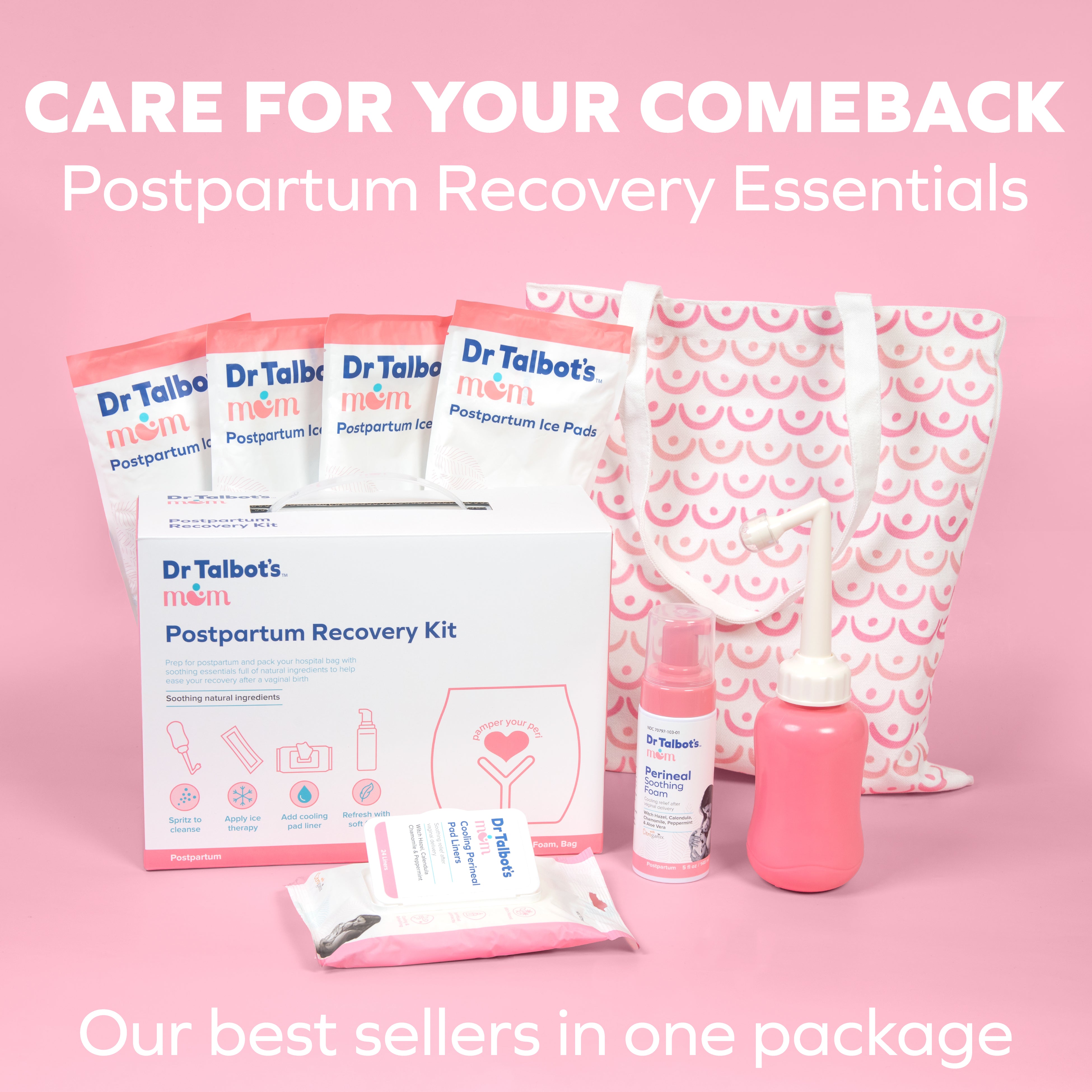 A pink and white Dr. Talbot’s Mom Postpartum Recovery Kit is displayed, featuring ice pads, a peri bottle, soothing foam, wipes, and a patterned tote. Text reads: Care for Your Comeback—Postpartum Recovery Essentials.