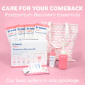 A pink and white Dr. Talbot’s Mom Postpartum Recovery Kit is displayed, featuring ice pads, a peri bottle, soothing foam, wipes, and a patterned tote. Text reads: Care for Your Comeback—Postpartum Recovery Essentials.