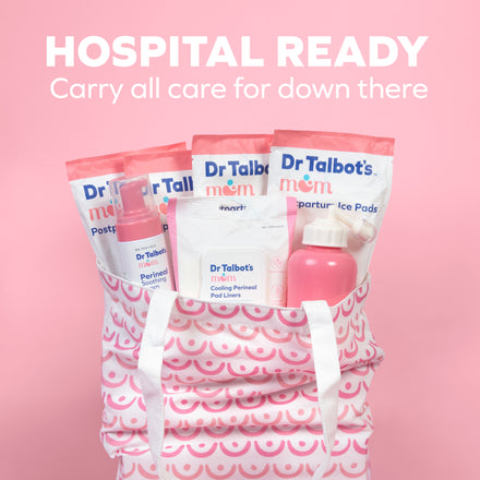 Dr. Talbot's Mom Postpartum Recovery Kit comes in a pink and white patterned bag with essentials like cooling perineal pad liners, perineal spray, and an ice bottle. Text above reads: "HOSPITAL READY Carry all care for down there.