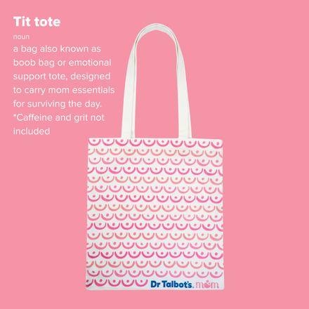 Dr. Talbot’s The Tit Tote, a white tote with pink semicircle breast patterns, is shown against a pink backdrop. It’s humorously dubbed the mom essentials bag—ideal for carrying everything moms need.