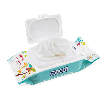 A pack of Dr. Talbot's Pacifier and Teether Wipes with a white lid is open, displaying a wipe being pulled out. The teal and white packaging features colorful animal designs, perfect for nontoxic cleaning of your baby's pacifiers.
