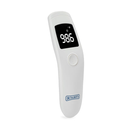 The white Dr. Talbot's Infrared Thermometer displays 98.6°F on its digital screen and features a SCAN button and branding near the bottom.