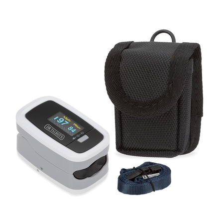 Dr. Talbot's Pulse Oximeter - White & Grey is shown with a black carrying case and navy blue lanyard on a white background. This digital device lets you easily track your oxygen saturation levels.