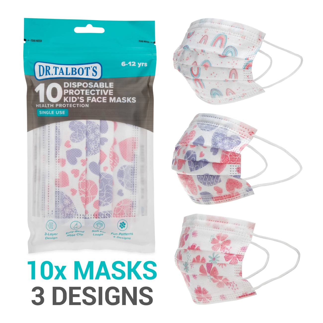 Kid's Face Mask (6 - 12 years)- Rainbows, Hearts, & Flowers - 10 pack - Dr Talbot's US