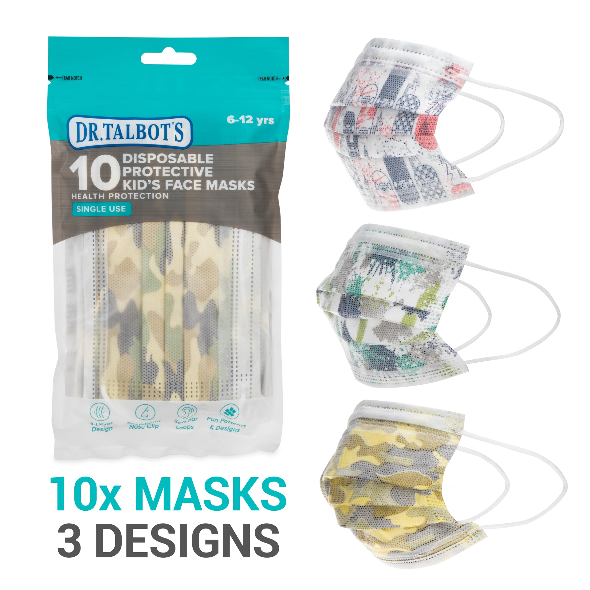 Kid's Face Mask (6 - 12 years) - Camouflage, Skateboards, & Paint Splatter - 10 pack - Dr Talbot's US