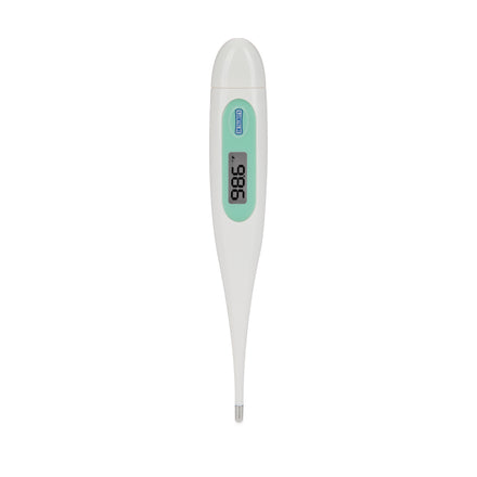 Dr. Talbot's Baby Digital Thermometer with Protective Cover features a white body, light green accent, and a clear rectangular screen that accurately displays 98.6°F, making temperature checks simple and reliable.