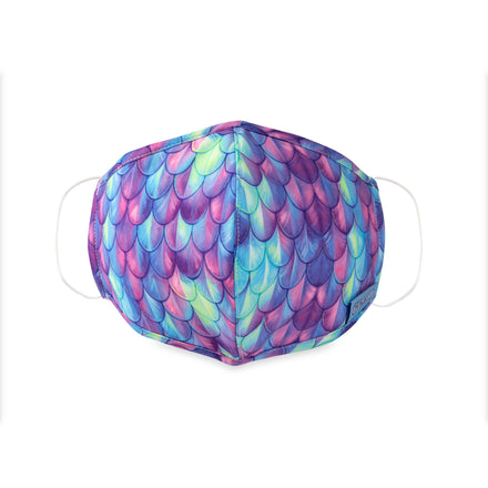 Dr. Talbot's Cloth Face Mask - Age 13+ (1 pack) in a mermaid scales pattern features colorful purple, blue, and green shades with comfy white ear loops, shown against a white background.