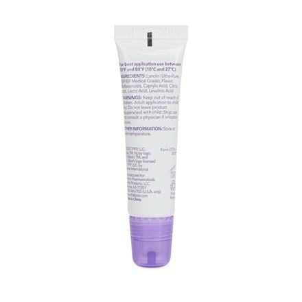 A small tube of Dr. Talbot's Lanolin Lip & Cheek Balm with a purple cap is shown from the back, featuring ingredients and usage info in black text on a white vertical label for a sleek look.
