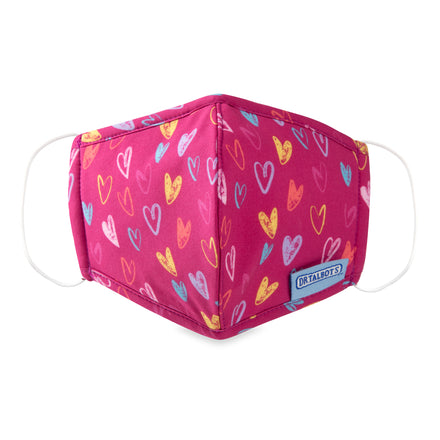 Dr. Talbot's Cloth Face Mask - Ages 2-5: Pink mask with colorful heart patterns, white ear loops, and a blue Dr. Talbot's label on the side. 1 pack, Chalk Hearts design.