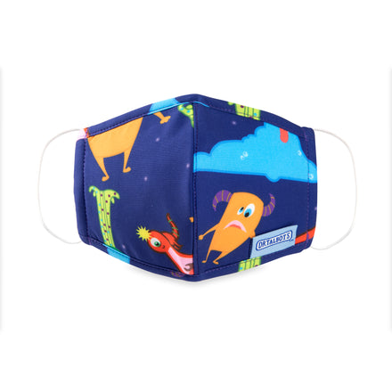 Dr. Talbot's Cloth Face Mask for ages 2-5 features cartoon monsters—a blue one with horns and an orange one—on a dark blue background with clouds and green patterns. Includes white ear loops for a secure fit. 1 pack.