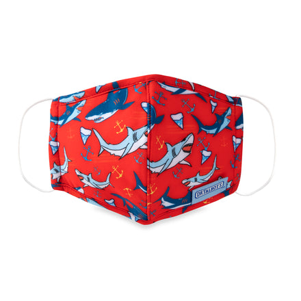 Dr. Talbot's Cloth Face Mask for ages 2-5 features a red design with blue and white sharks, anchors, and fins. This breathable kids mask has white ear loops, sneeze protection, and a small Dr. Talbot's label on the side. 1 pack.
