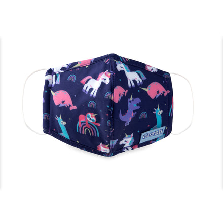 Dr. Talbot's Cloth Face Mask for ages 2-5 features a navy blue design with colorful unicorns, rainbows, and stars, plus white ear loops and a side label—breathable and perfect for sneeze protection. Pack of 1: Unicorns.