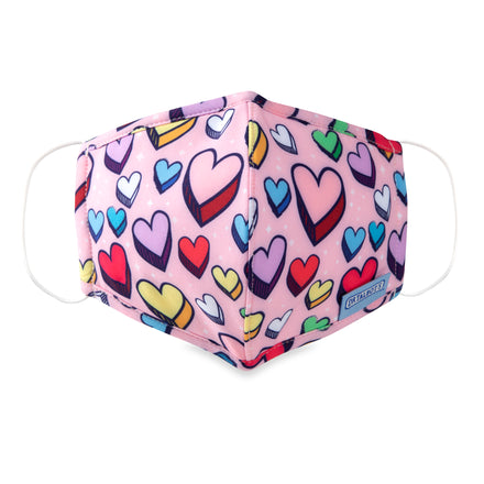 Dr. Talbot's Cloth Face Mask for ages 6-12 features a pink design with colorful hearts and white ear loops. Made from breathable fabric, this mask is perfect for kids, especially during outdoor allergy seasons. 1 pack.