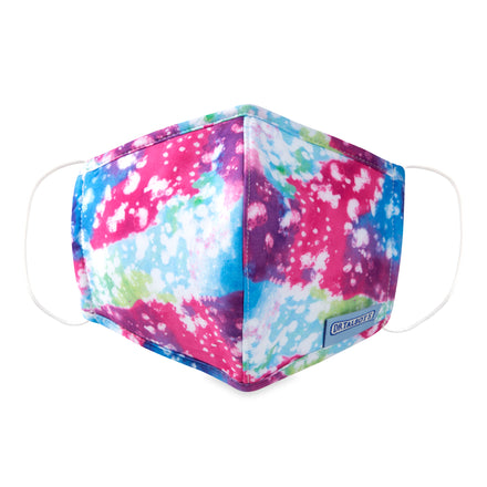 Dr. Talbot's Cloth Face Mask for ages 6-12 features a rainbow watercolor design in pink, blue, green, and white with white ear loops and a label. This breathable mask offers added protection from pollen.