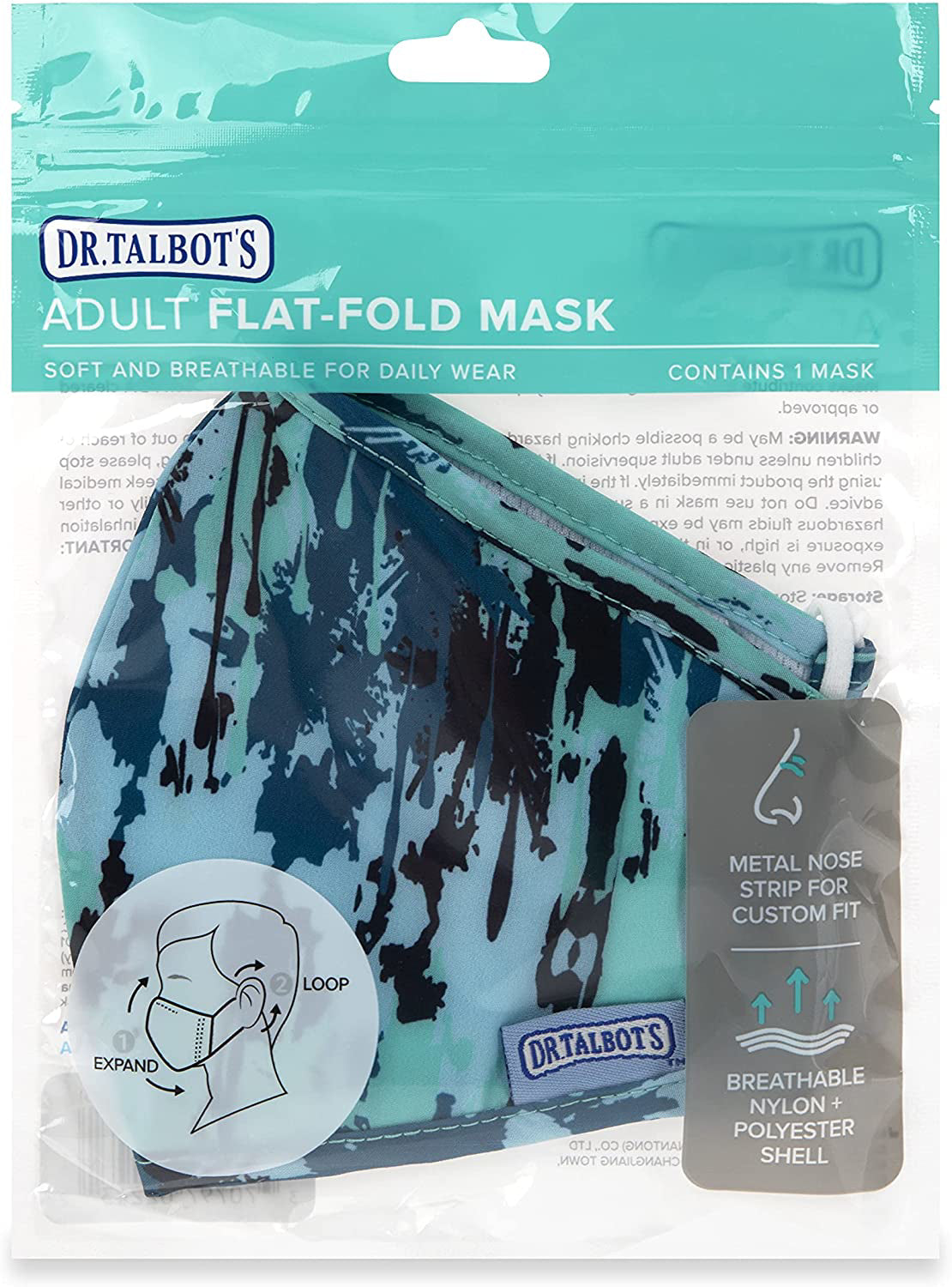 Adult Flat-fold Cloth Mask with Filter Pocket - 1 pack - Blue Paint - Dr Talbot's US
