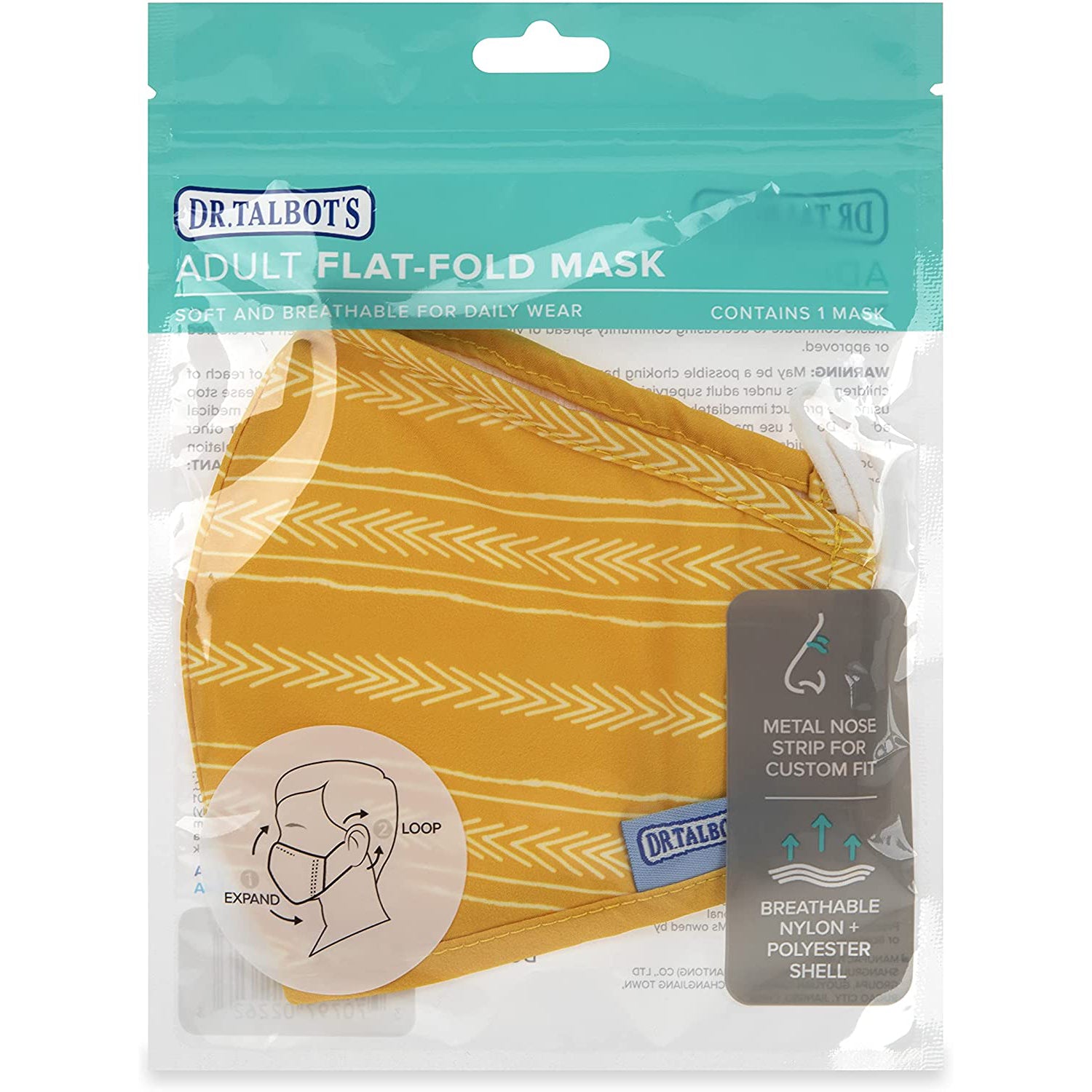 Adult Flat-fold Cloth Mask with Filter Pocket - 1 pack - Yellow Arrows - Dr Talbot's US