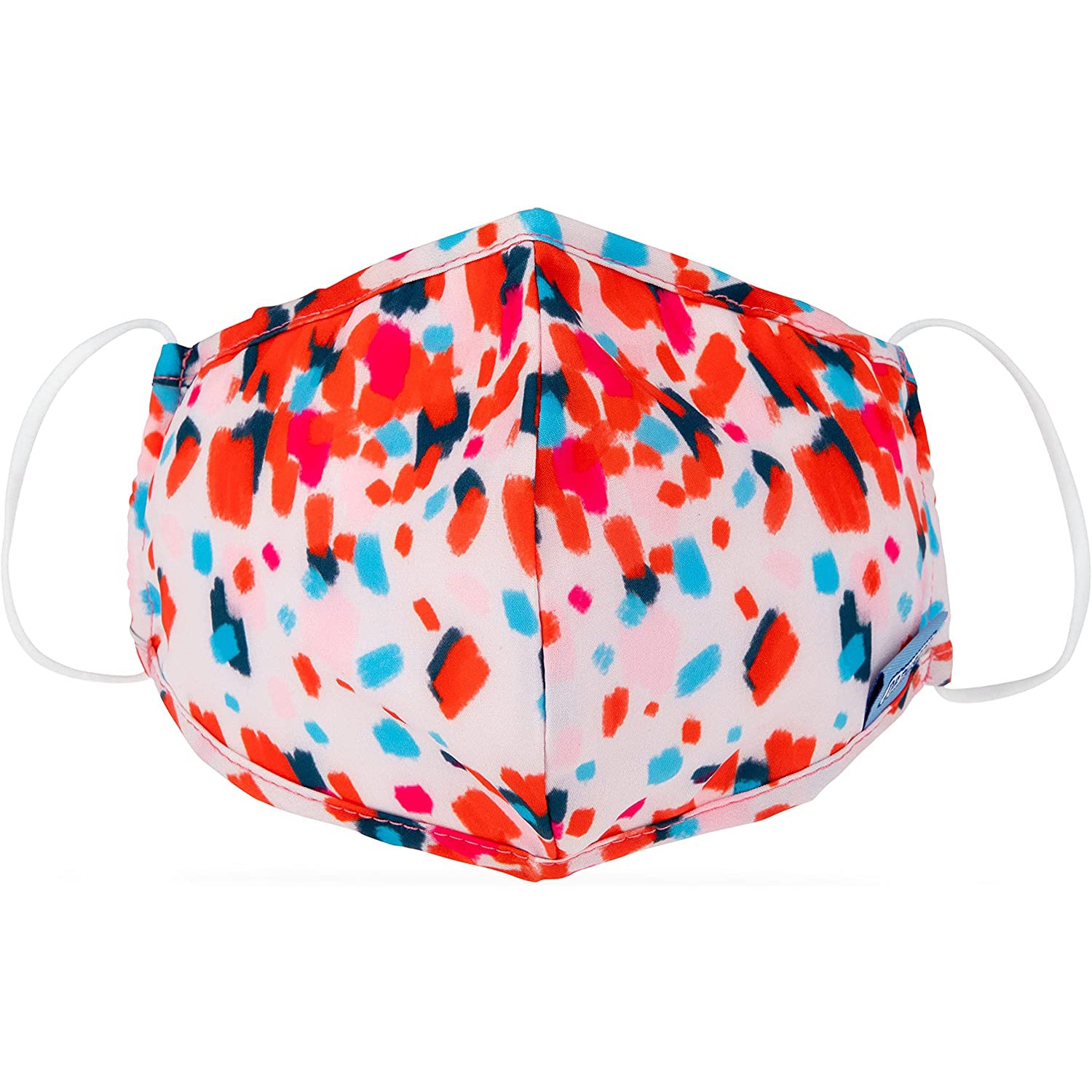 Dr. Talbot's Adult Flat-fold Cloth Mask with Filter Pocket features multi-color brush strokes on white and includes ear loops. Washable, single pack.
