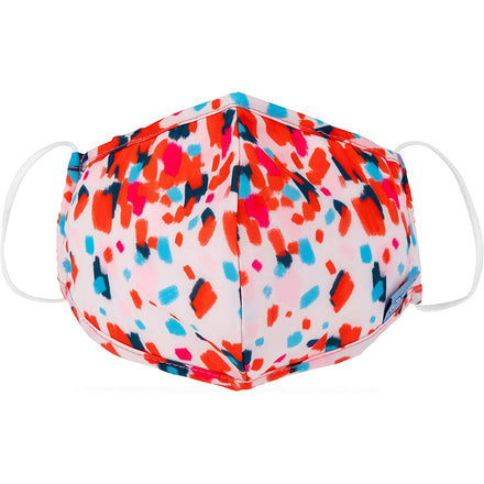 Dr. Talbot's Adult Flat-fold Cloth Mask with Filter Pocket features multi-color brush strokes on white and includes ear loops. Washable, single pack.