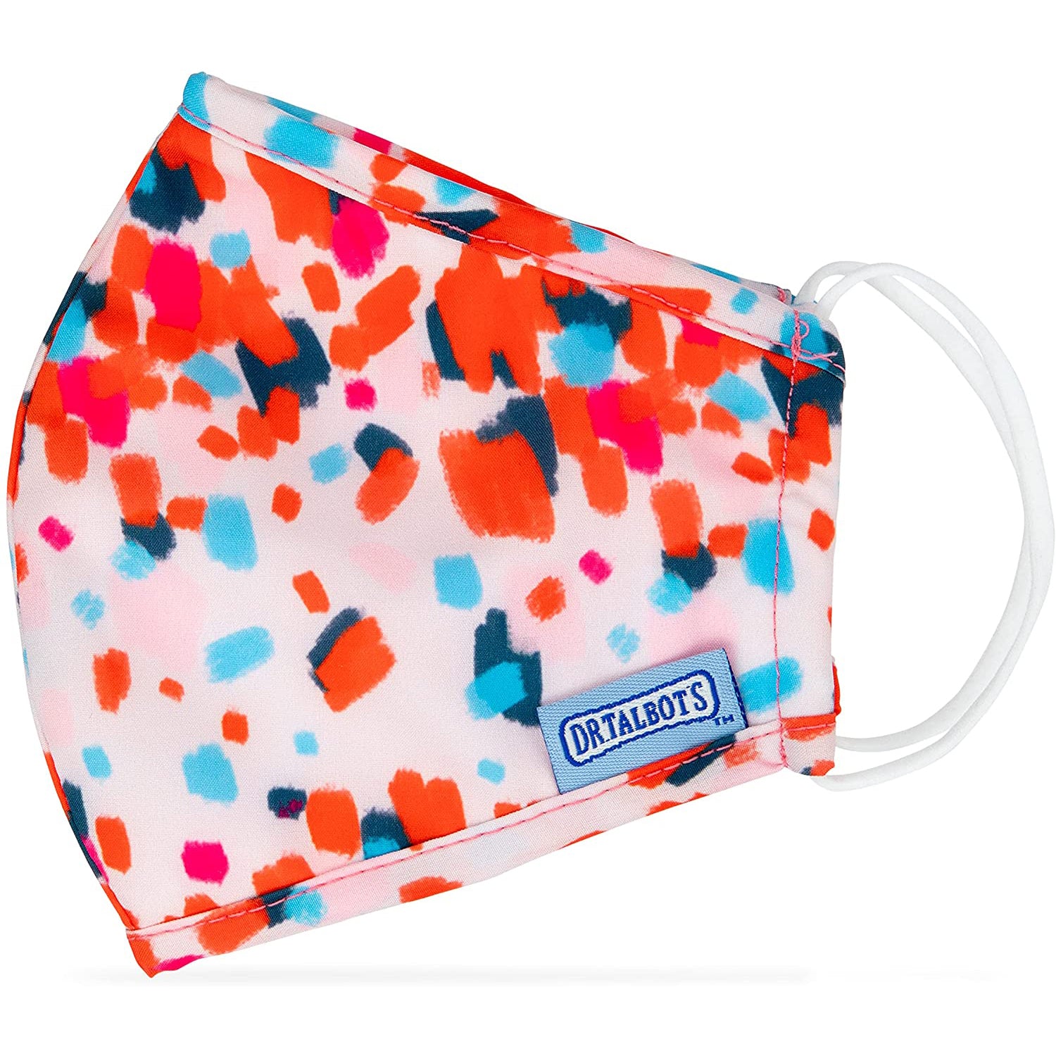 Dr. Talbot's Adult Flat-fold Cloth Mask with Filter Pocket in a multi-color brush strokes pattern features white ear loops and a sewn-on DRTALBOTS label; this washable, reusable face mask is sold as a 1-pack.