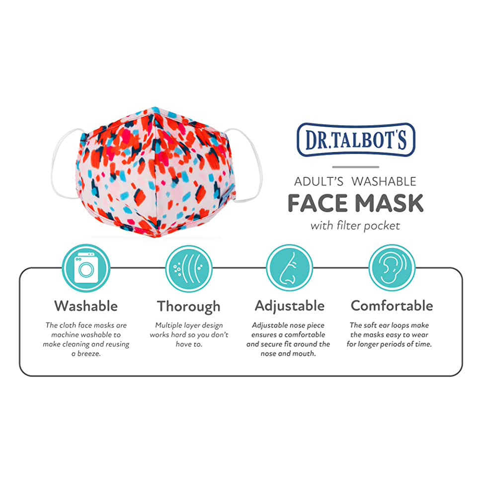 A Dr. Talbot's Adult Flat-fold Cloth Mask with Filter Pocket (1 pack, Multi-color Brush Strokes) is displayed above icons illustrating its washable, adjustable, and comfortable features, highlighting the benefits of reusable adult masks.