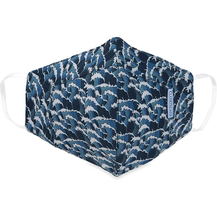 Dr. Talbot's Adult Cup-style Cloth Mask - 1 pack - Waves features a blue, white, and black abstract wave pattern, white ear loops, and a small sewn-on side label. Reusable and stylish for everyday wear.