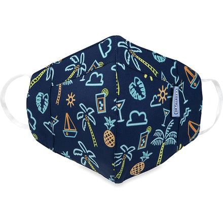 Dr. Talbot's Adult Cup-style Cloth Mask (1 pack) in Tropical Neon Lights features a navy blue design with white ear loops and colorful tropical patterns. This breathable, reusable mask is both stylish and comfortable.