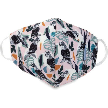 Dr. Talbot's Adult Cup-style Cloth Mask (1 pack) features a breathable, reusable design with ear loops and a colorful pattern of black-and-white parrots, green leaves, and abstract shapes on a light pink background. Stylish and comfy for daily use.