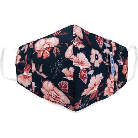 Stay comfortable and stylish with Dr. Talbot's Adult Cup-style Cloth Mask—1 pack in Pink Flowers on Navy. This reusable face mask for adults features a breathable design and white elastic ear loops.